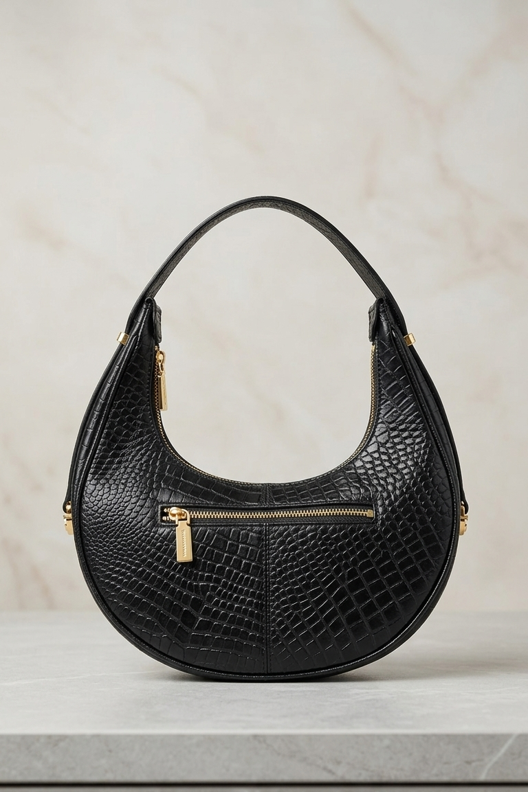 Black handbag with gold accents on a light gray background