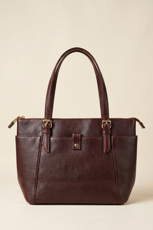 Brown leather handbag on a beige background