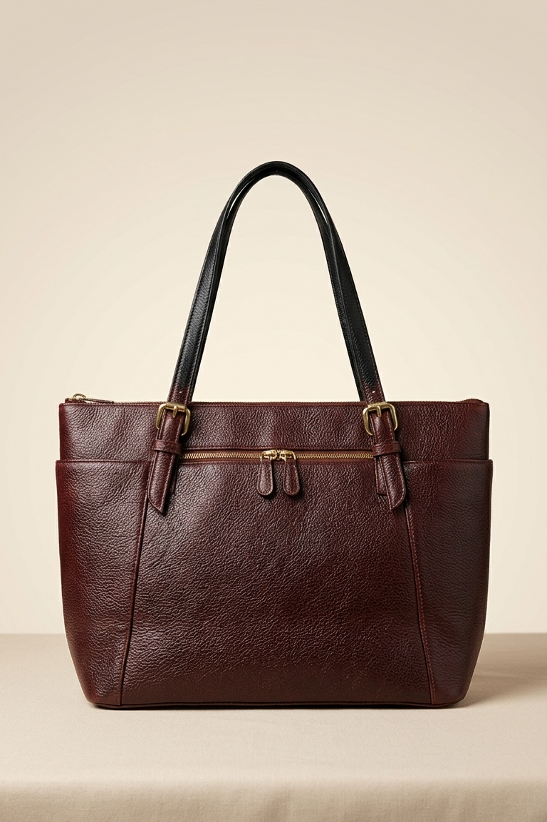 Brown leather tote bag on a beige background
