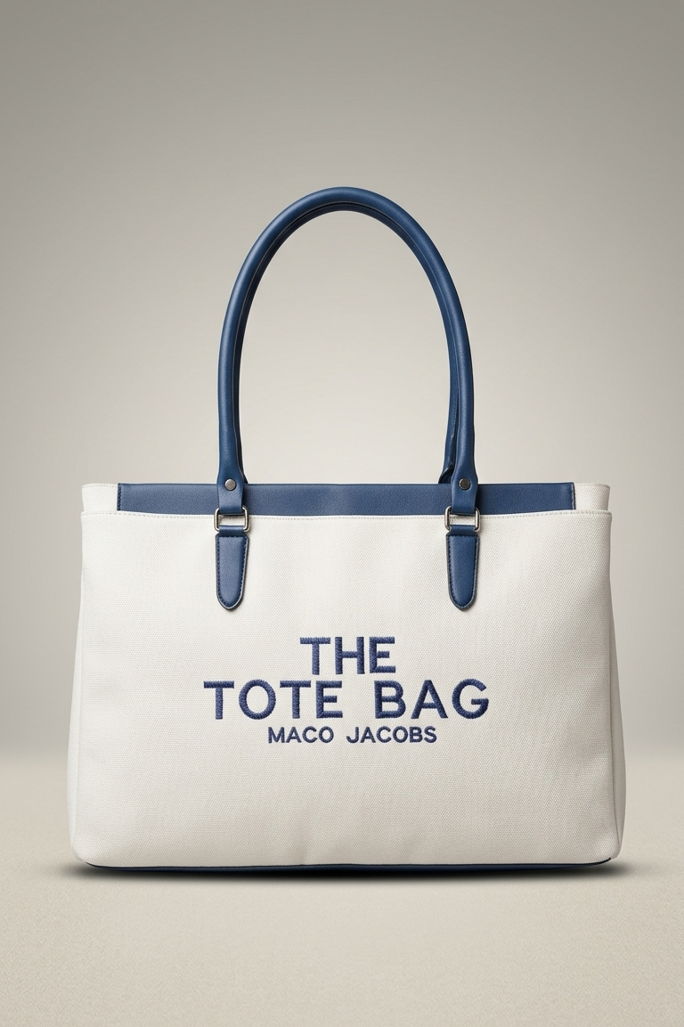 White tote bag with blue handles and text on a beige background