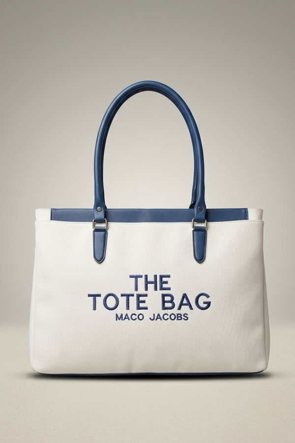 White tote bag with blue handles and text on a beige background