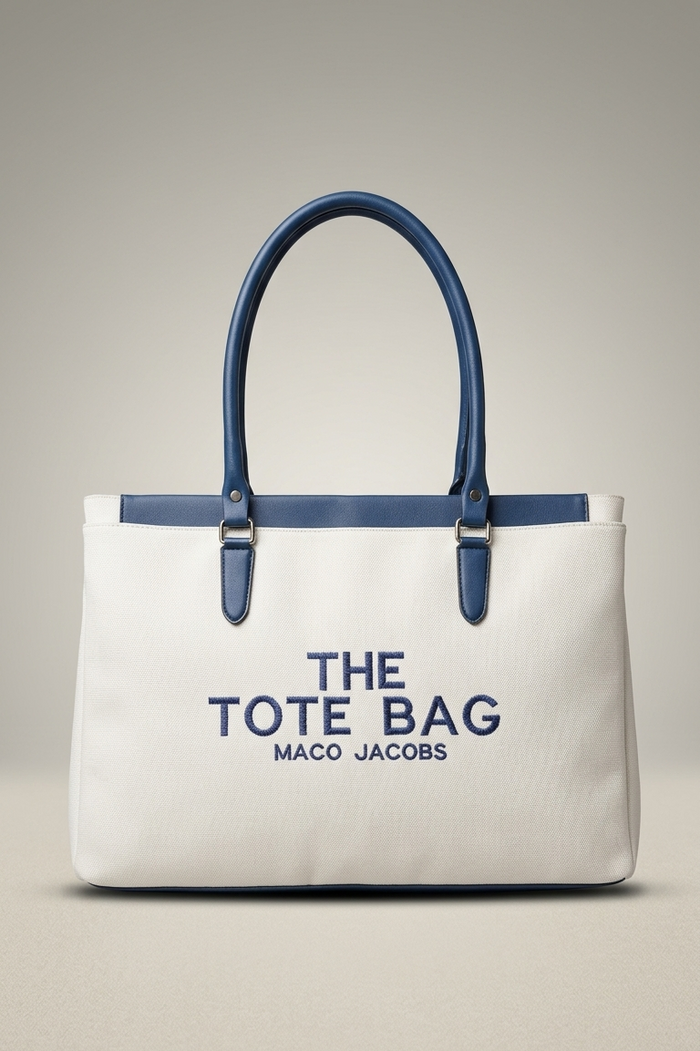 White tote bag with blue handles and text on a beige background