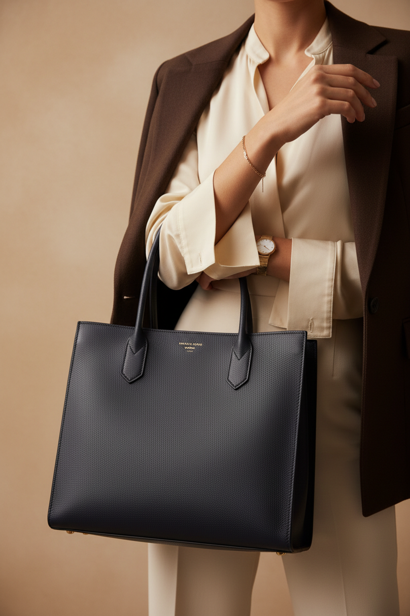 Generate a 9:16 image for hero section women holdling tote bag and shown  luxury  only the arms area 